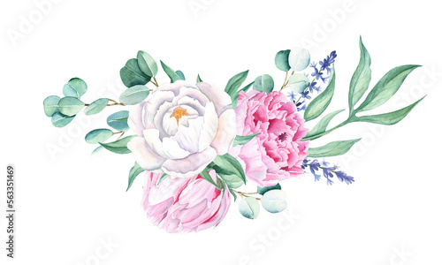 Fototapeta Naklejka Na Ścianę i Meble -  Watercolor bouquet, white and pink peony, lavender, eucalyptus. Hand painted illustration isolated on white background. Can be used for greeting cards, wedding invitations, save the date, textile and