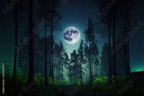 forest with moonrise between the trees evening sky moon. Generative Ai