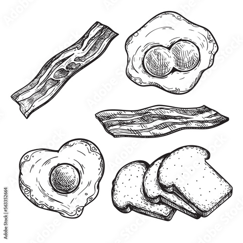 Hand drawn sketch style breakfast ingredients set. Toasted bread slices, fried eggs and bacon. Best for menu designs and packages. Vector illustrations.