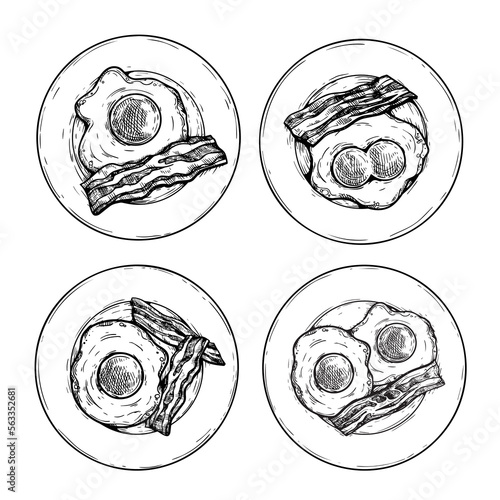Hand drawn sketch style breakfast ingredients set. Fried eggs and bacon on the plates. Best for menu designs and packages. Vector illustrations.
