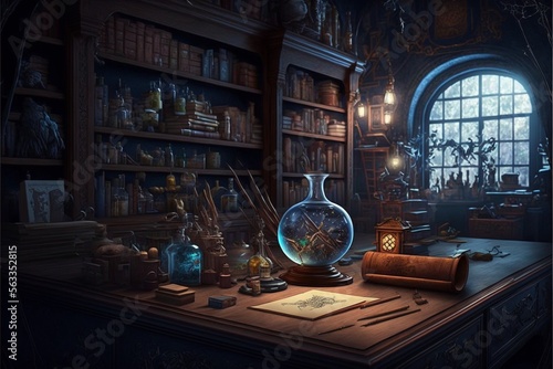 wizards school room magical books floating. Generative Ai