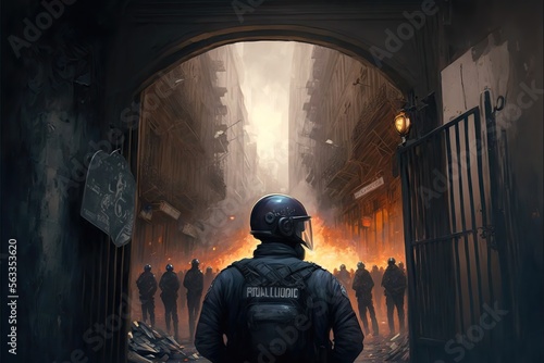 illustration of a policeman from behind under an arch. Destroyed city with flames and many policemen in background generative ai photo