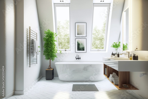 Modern bathroom interior design, Luxury yet minimalist clean, bright and hygienic spacious bathroom with shower, toilets, mirrors, bathtub and natural green plant in a hotel, apartment, or house © ThePixelCraft