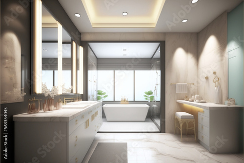 Modern bathroom interior design, Luxury yet minimalist clean, bright and hygienic spacious bathroom with shower, toilets, mirrors, bathtub and natural green plant in a hotel, apartment, or house © ThePixelCraft