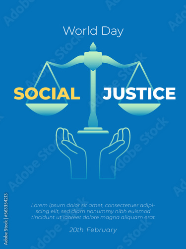 World Day of Social Justice Background Poster Illustration. Social justice vector banner background with justice scales and hand
