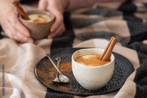 Traditional hot drink salep on background, selective focus	 photo