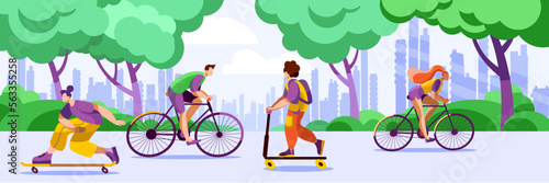 Characters ride a skateboard, bicycles and scooters in a park against the backdrop of a modern city. Horizontal banner in a flat style on the theme of spring sports.