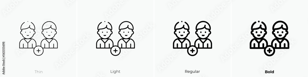 add friend icon. Thin, Light Regular And Bold style design isolated on white background