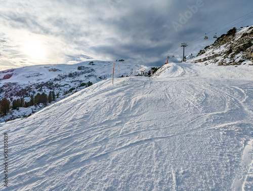 Snow covered mountains and ski slopes, ski area Stoos
