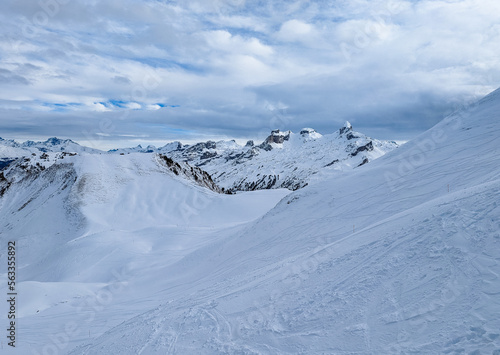 Snow covered mountains and ski slopes, ski area Stoos