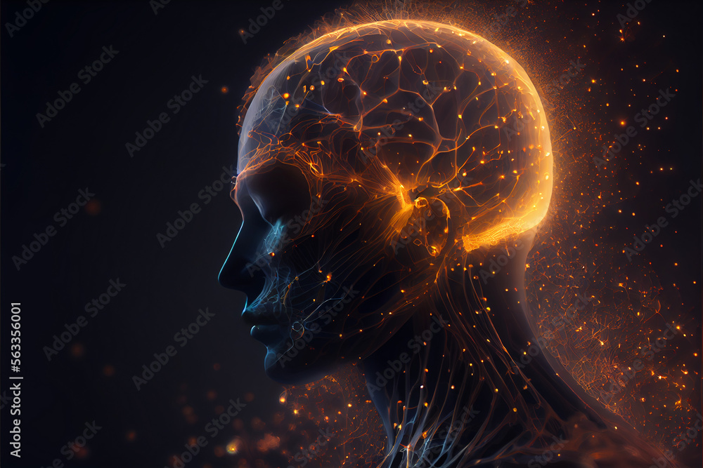 Menschlicher Kopf mit strahlenden Neuronen - obrazy, fototapety, plakaty 