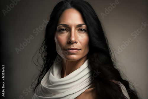 Close-up portrait of a beautiful middle-aged hispanic   latina woman with long hair and a white scarf on a dark background  not based on a real person  Generative AI