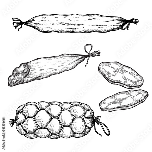 Hand drawn sketch style sausages set. Engraved meat food. Ham and salami slices. Butchery products collection. Tasty meal. Vector delicious snacks.