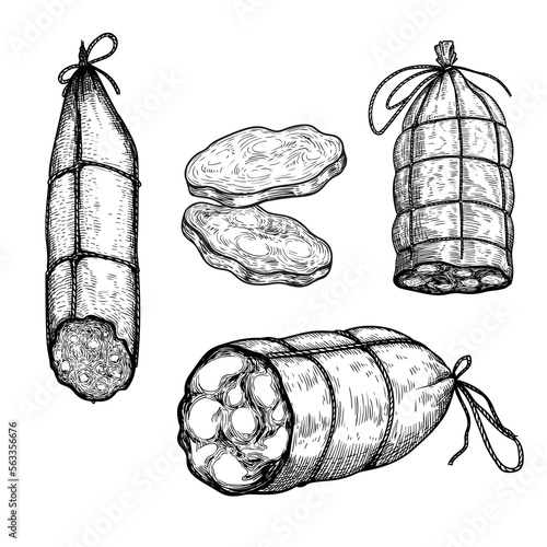 Hand drawn sketch style sausages set. Engraved meat food. Ham and salami slices. Butchery products collection. Tasty meal. Vector delicious snacks.