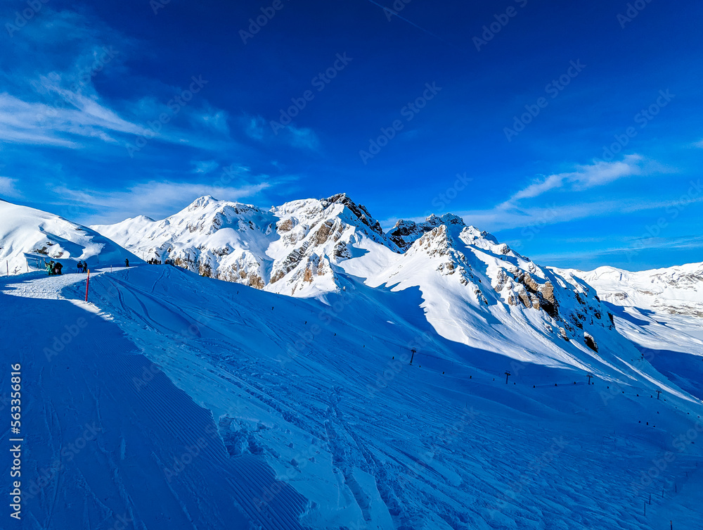 Fototapeta premium Ski slopes and mountains, Melchsee-Frutt mountain resort village, Switzerland