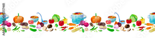 Hand-drawn watercolor vegetable soup seamless ornament border line. Ingredients such as carrot, beetroot, cabbage and chili. For farmers market, products design, stickers or postcards
