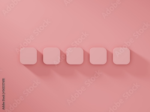 Set of five icons, blank empty square icons, on red background and soft shadows