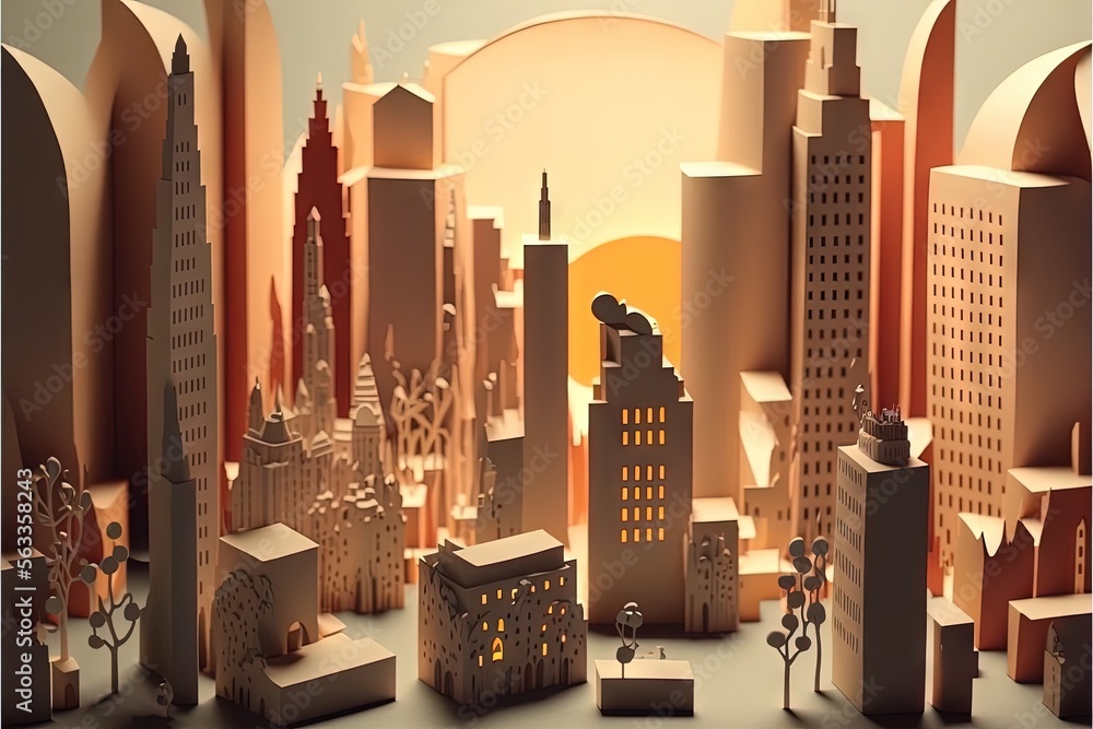 a city with tall buildings and a sun in the background is shown in this ...