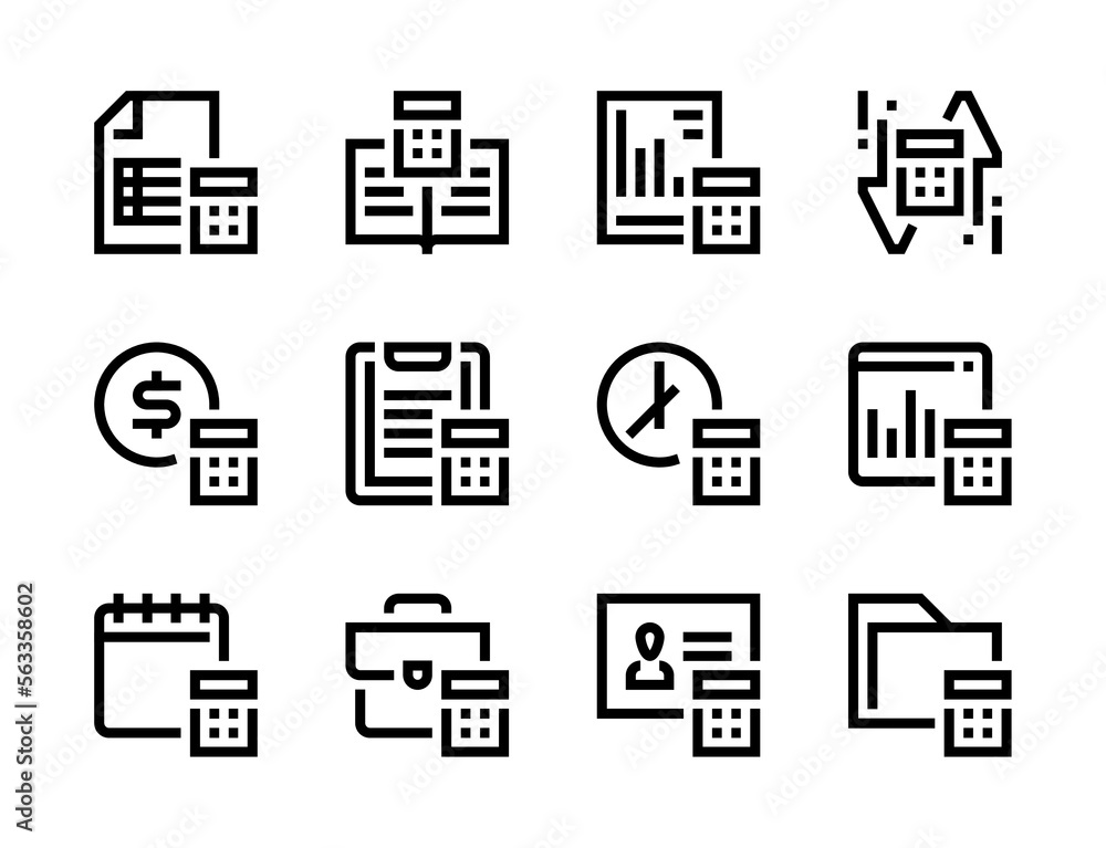 Calculation and Accounting line vector icons. Counting and Finance editable stroke outline icon set. Calculation and Accounting line vector icons. Counting and Finance editable stroke outline icon set.