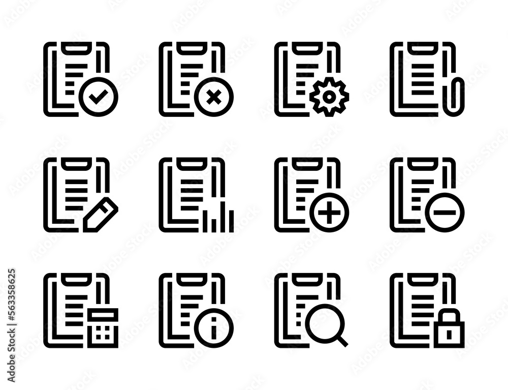 Clipboard, Notepad and Task board line vector icons. Checklist and Service document editable stroke outline icon set. Clipboard, Notepad and Task board line vector icons. Checklist and Service document editable stroke outline icon set.