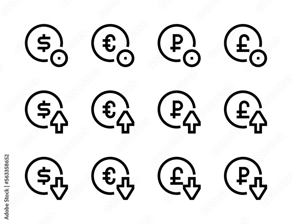 Currency and Money circulation line vector icons. Dollar, Euro, Ruble and British pound in a circle editable stroke outline icon set. Currency and Money circulation line vector icons. Dollar, Euro, Ruble and British pound in a circle editable stroke outline icon set.