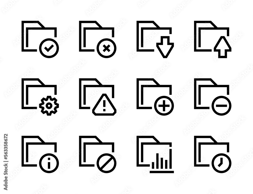 Folder and archive settings line vector icons. File library and data directory editable stroke outline icon set.