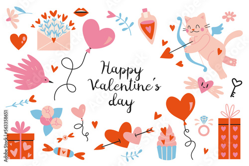 Happy Valentine's Day set. Many various romantic objects like hearts, balloons, cupid, gifts and sweets, cartoon style. Trendy modern vector illustration isolated on white, hand drawn, flat