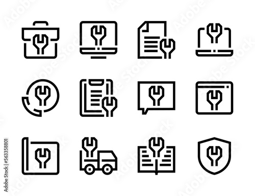 Repair and Technical documentation line vector icons. Wrench, Workshop and Support service editable stroke outline icon set.