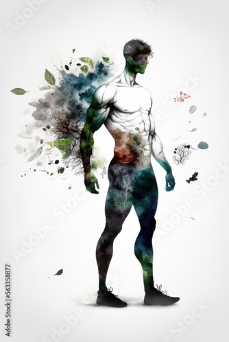 A male body made of plants and fruits. The illustration showcases healthy eating and strength on a white background, generative ai