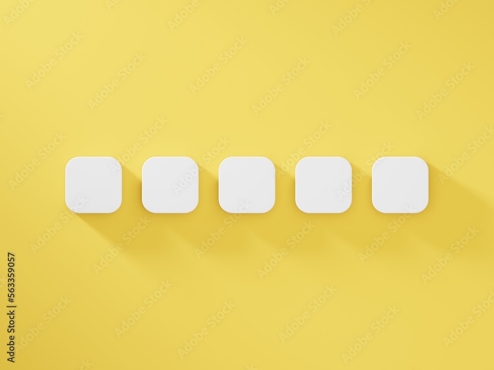 Set of five icons, blank empty white square icons, on yellow background and soft shadows Set of five icons, blank empty white square icons, on yellow background and soft shadows