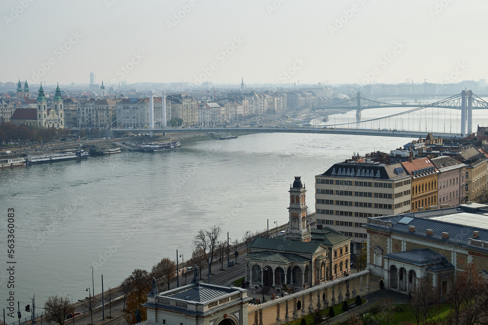 Bird's eye view of the beautiful Hungarian capital city Budapest seen during the day