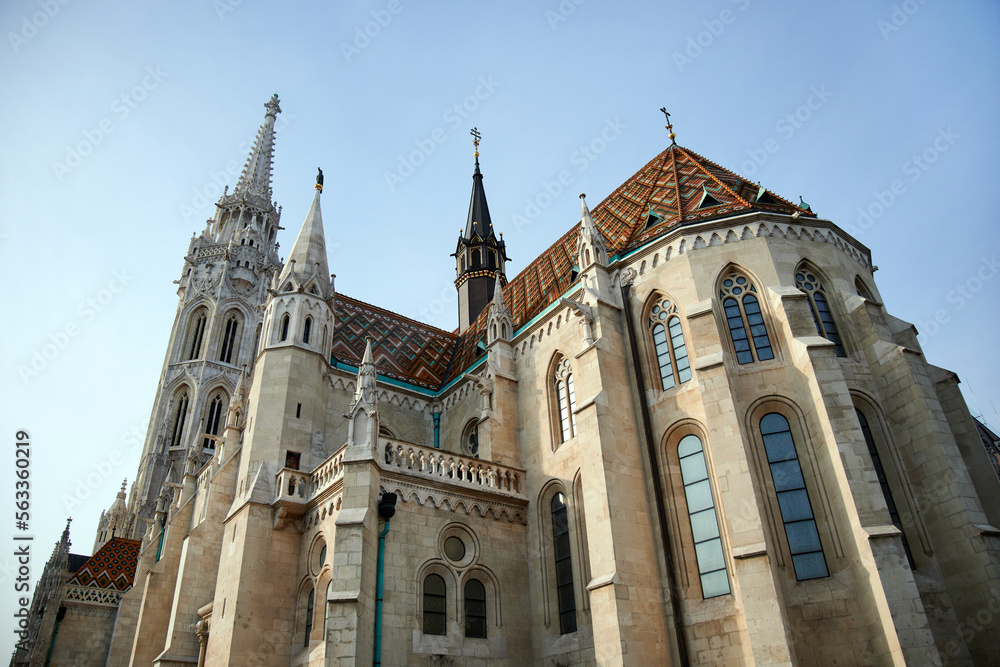 Low-angle view of the Matthias Church that is located in Budapest, Hungary