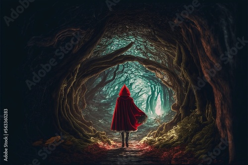 Little red riding hood in magic forest, Generative AI photo