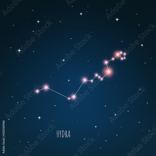 Constellation scheme in starry sky. Open space. Vector illustration Hydra constellation through a telescope