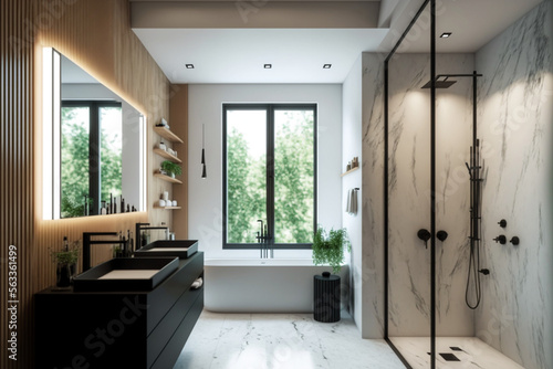 Modern bathroom interior design, Luxury yet minimalist clean, bright and hygienic spacious bathroom with shower, toilets, mirrors, bathtub and natural green plant in a hotel, apartment, or house