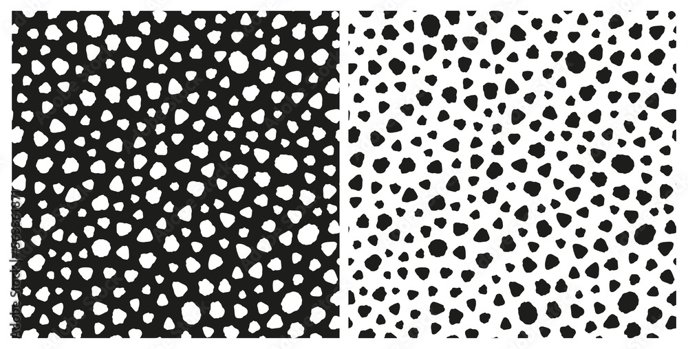 Set of abstract irregular dotted seamless repeat pattern. Random placed, vector all over minimal surface print in black and white.