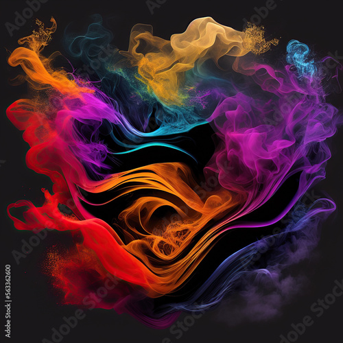 Abstract dance multi colored smoke of red, pink, green, orange, turquoise on black background, Generative AI