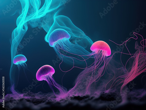 Beautiful jellyfish, medusa in the neon light. Aquarium with blue and pink jellyfish. Auarium and ocean wildlife. Underwater life in ocean jellyfish, Generative AI © Irina Anoshkina