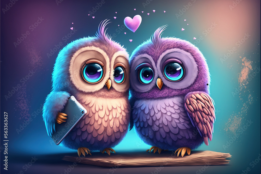 Fototapeta premium Cute owls couple Valentine's Day illustration generative ai