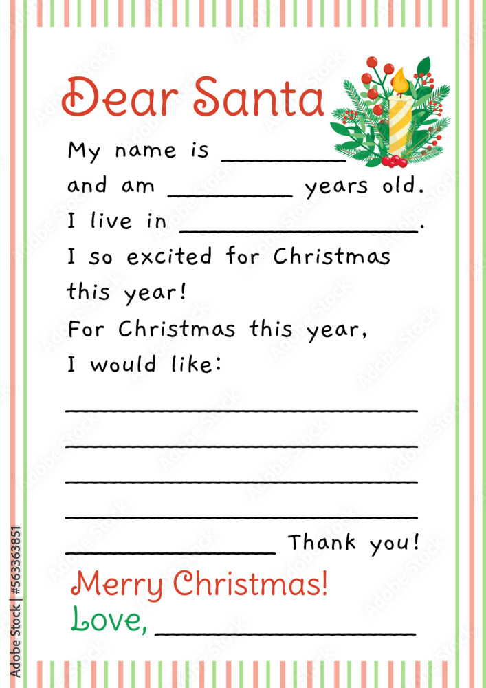 Dear Santa. Letter to Santa Claus. Christmas wishlist blank, template, layout. Flat, cartoon, vector