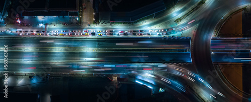 Panoramic view of Public transport or commuter city life concept , expressway car traffic transportation above circle roundabout road 