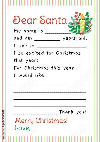 Dear Santa. Letter to Santa Claus. Christmas wishlist blank, template, layout. Flat, cartoon, vector