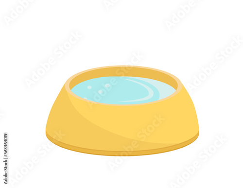 Dog bowl of water. Yellow pet bowl with water. Cartoon, flat, vector