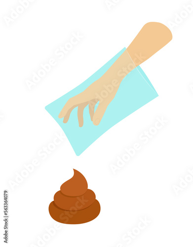 Hand in packet or poop bag is taking poop. Poo. Flat, cartoon, vector