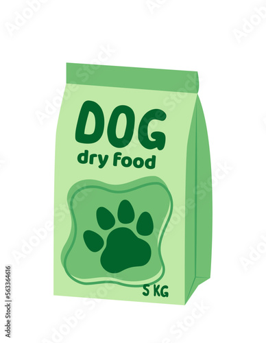 Dog dry food. Little packet of dog dry food. Cartoon, flat, vector