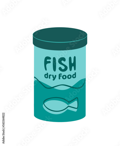Fish dry food. Jar of fish dry food. Flat, cartoon, vector
