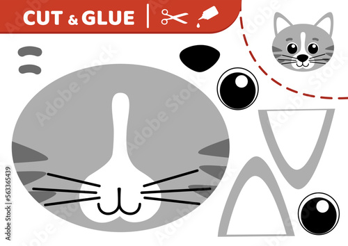Cat face. Cut and glue. Cute grey cat. Application work. Paper game. Vector
