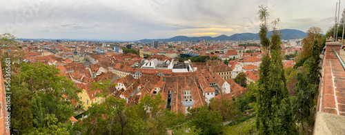 Scenic panoramic view of downtown Graz, seen from the Schlossberg