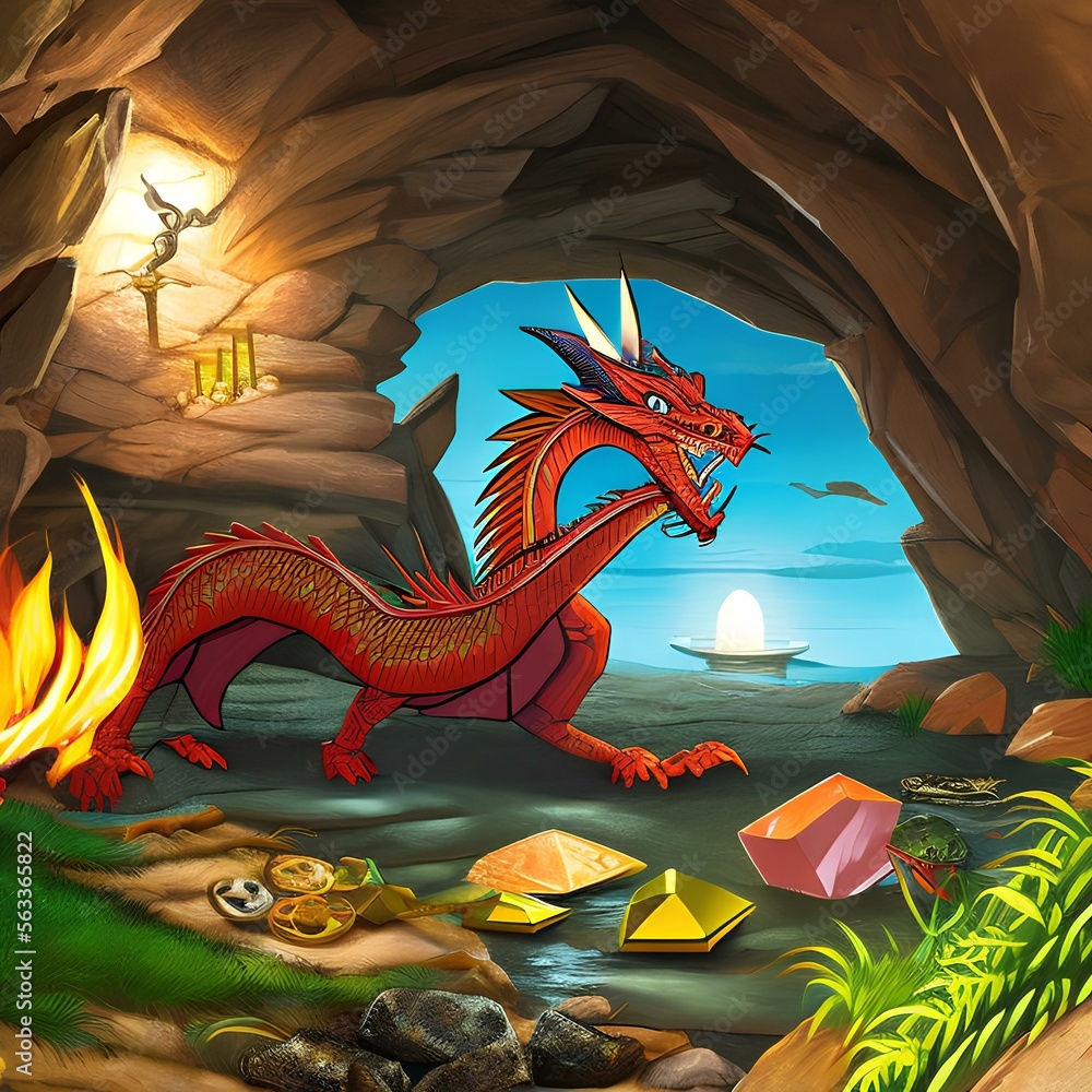A dragon guarding a treasure hoard in a cave3, Generative AI Stock ...