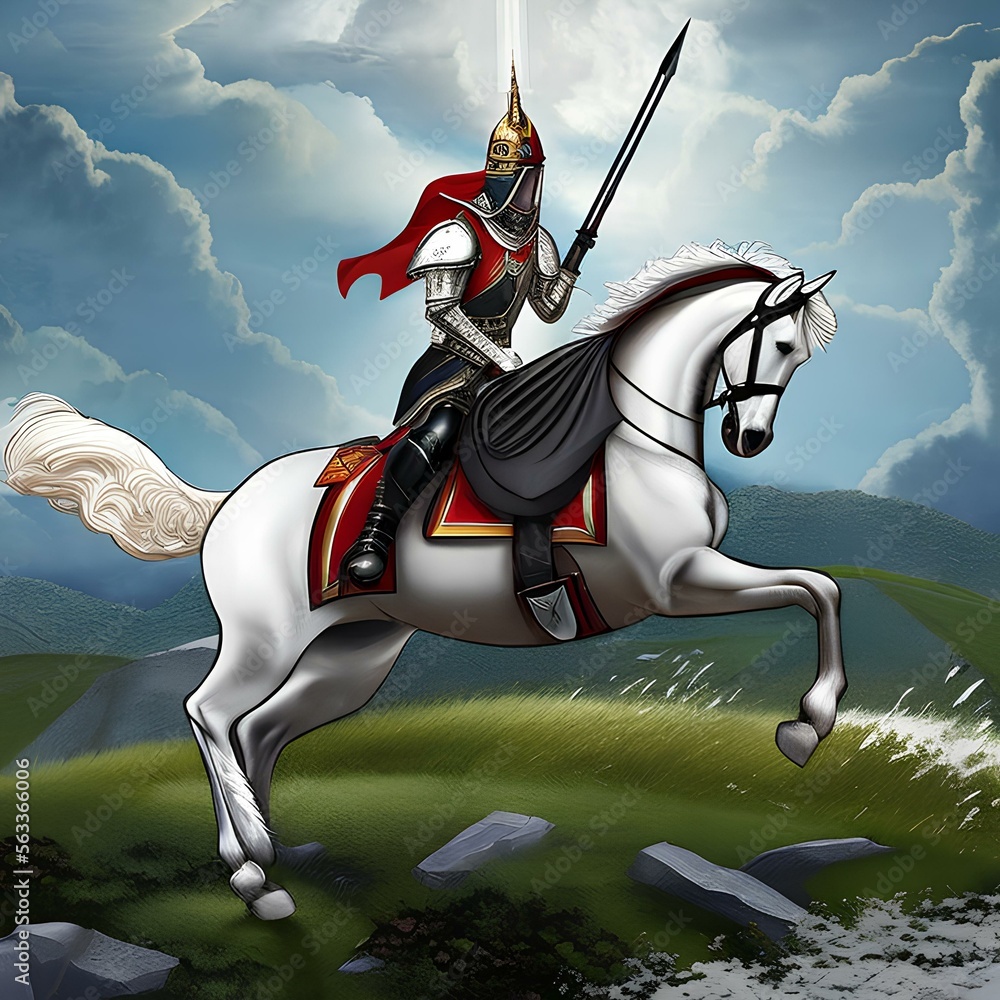 A knight in shining armor riding a majestic white horse on a ...